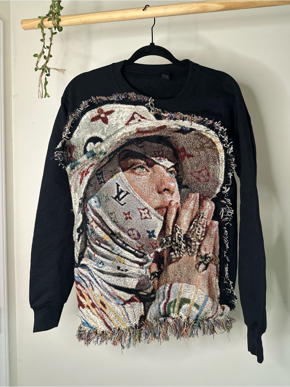 Unisex S Custom Billie Eilish Tapestry Sweatshirt Fringe Woven Graphic Crewneck